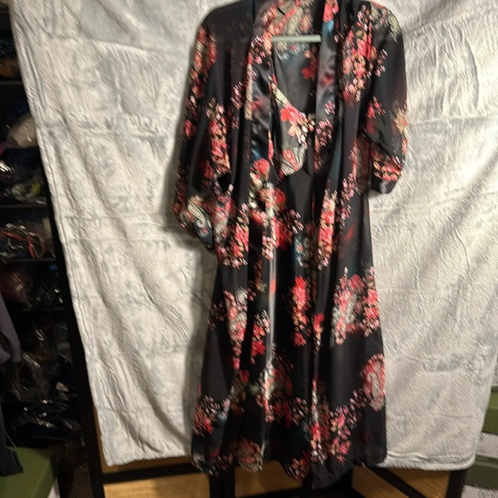 slip nightgown dress matching robe floral black size 10/12 m Y2K romantic nighty